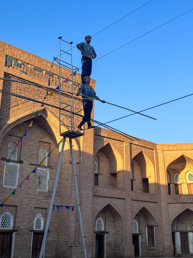 The traditional Darboz tightrope walking show in Khiva