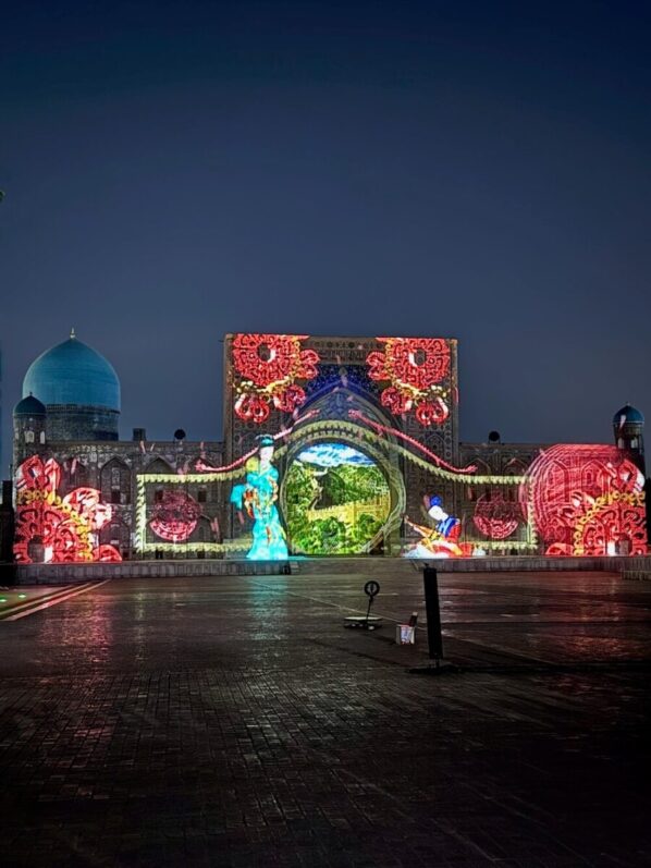 There is a light show in Registan Square in Samarkand